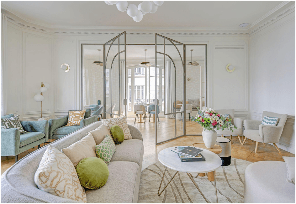 Comfortable seating area with Art Deco details